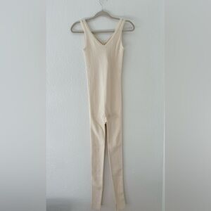 OYUN Cream Ribbed V Neck Sleeveless Full Length Bodysuit XS S